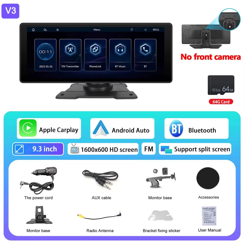 6.86" /9.3" Car Mirror Video Recording Wireless Carplay Monitor Android Auto Dashboard DVR GPS Navigation Carplay Screen